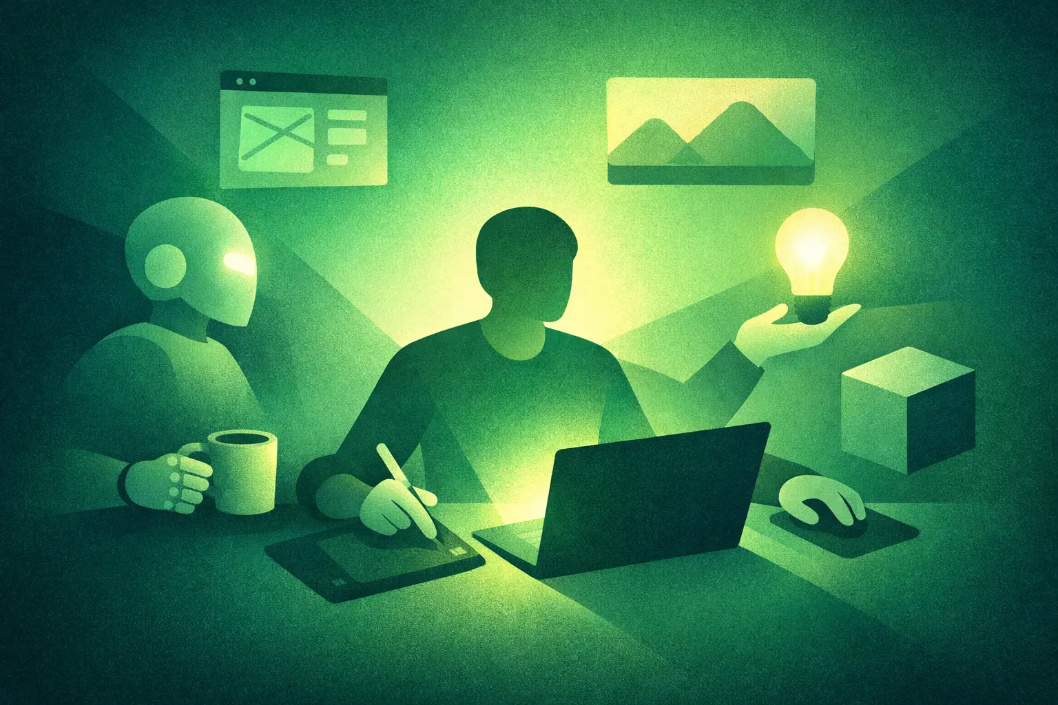 AI Native Designer - UX UI Product Designer multitask cùng AI trong không gian trừu tượng tông xanh, thể hiện sự chuyển đổi quy trình thiết kế truyền thống sang workflow AI-native.