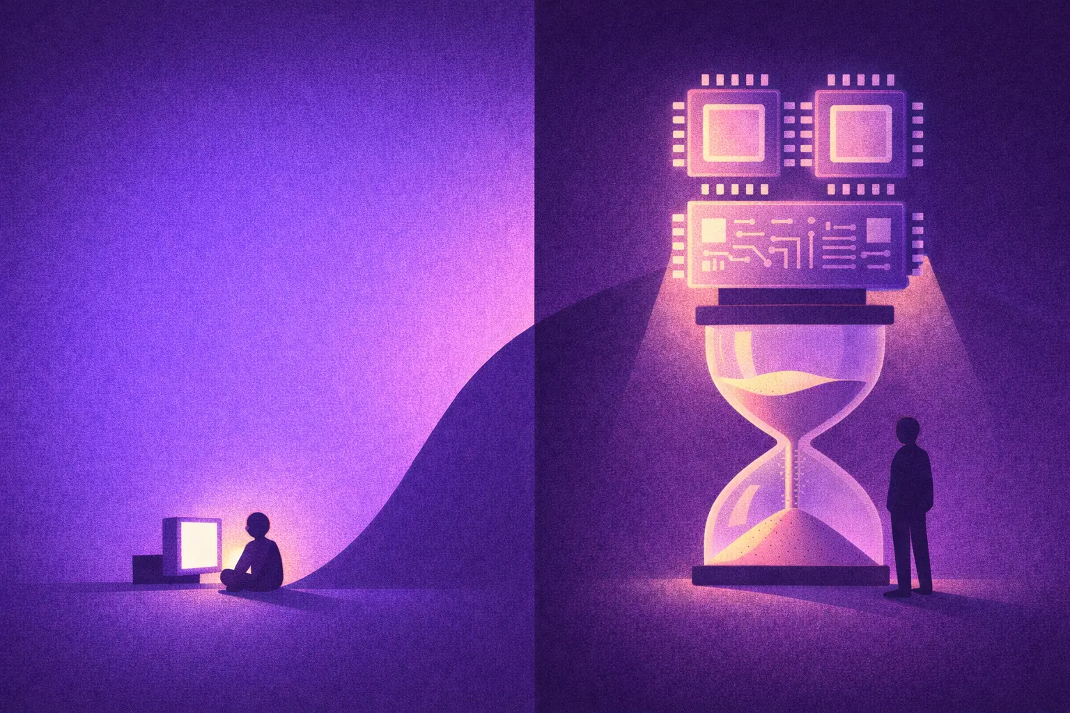 Minh họa AI UX trong UXUI Design và Product Design - người dùng ngồi chờ trước màn hình máy tính trong khi hệ thống AI xử lý tác vụ dài như đồng hồ cát khổng lồ.